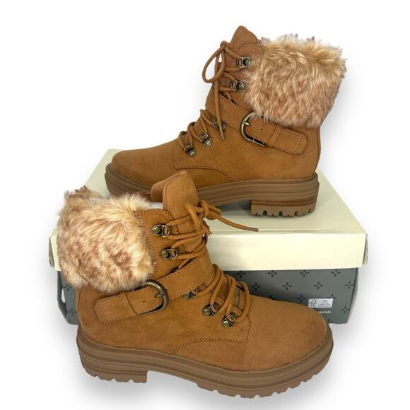 NEW Sun + Stone Brown Suede Boots Size 5.5 faux Fur Lace Up Combat Winter - Picture 1 of 15